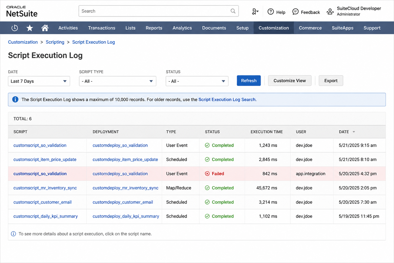 NetSuite Script Execution Log under Customization > Scripting showing six script executions including one Failed User Event script highlighted in red, with execution times ranging from 842 ms to 45,672 ms