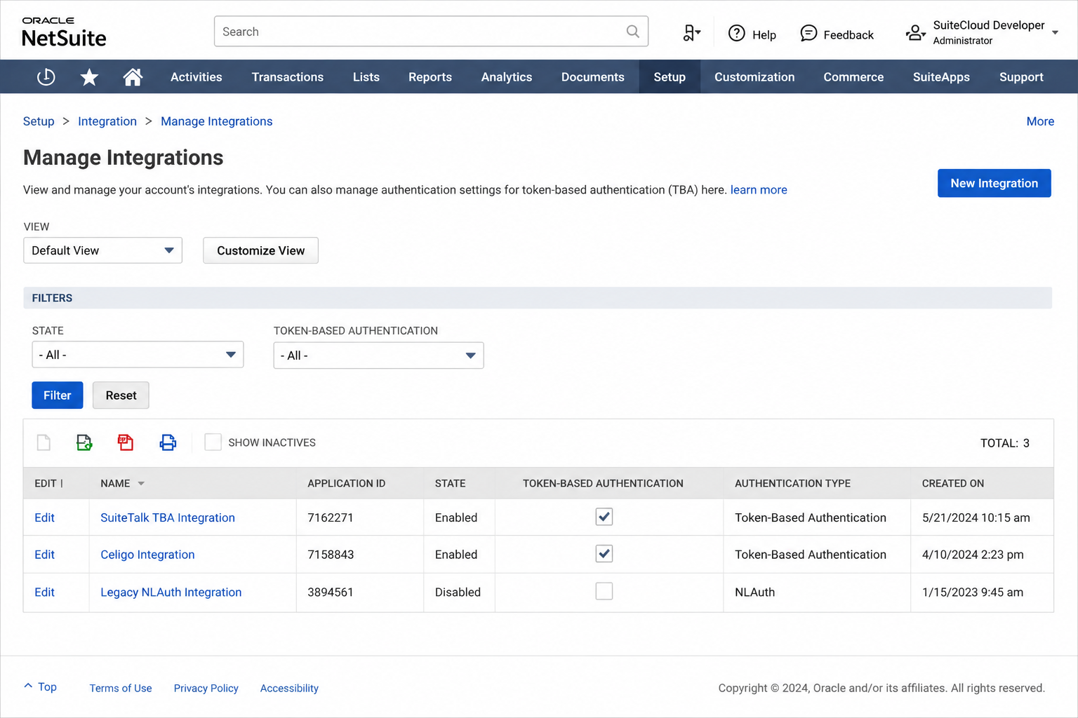 NetSuite Manage Integrations page at Setup > Integration showing three integration records with Token-Based Authentication and Authentication Type columns, including one Legacy NLAuth Integration row with NLAuth type and TBA unchecked