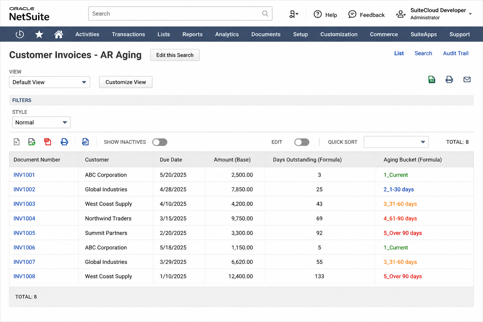 NetSuite saved search results showing a formula column with AR aging bucket labels such as 1_Current, 2_1-30 days, and 3_31-60 days alongside Document Number, Customer, Amount, and Due Date columns